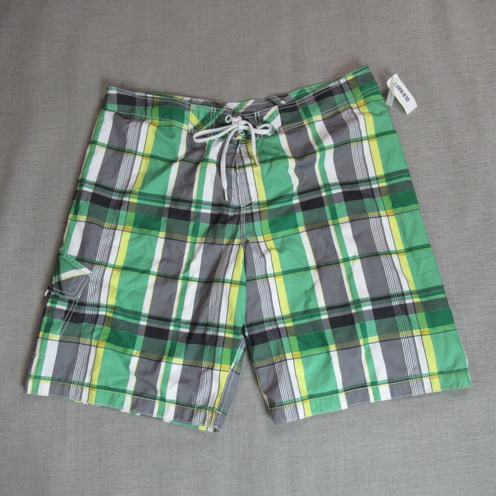 Old Navy Board Shorts Mens Size XL Green Gray White Plaid Surf Fit Beach Resort
